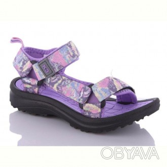 Детские спортивные сандалии девочкам, фиолетовые босоножки на трёх липучках от п. . фото 1