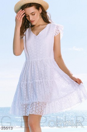 Доступные размеры: S-m, L-xl Кокетливое платье а-силуэта белого цвета с ажурной . . фото 1
