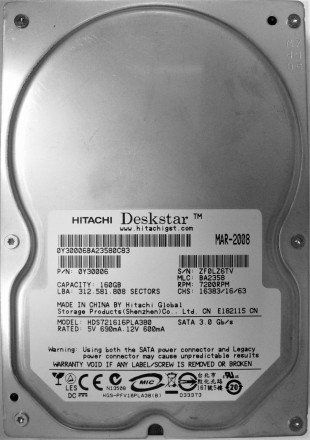 Жесткий диск HDD 160GB 7200rpm 8MB SATA II 3.5 Hitachi HDS721616PLA380. Київ. фото 1 Жесткий диск HDD 160GB 7200rpm 8MB SATA II 3.5 Hitachi HDS721616PLA380. Київ. фото 1