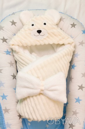  Конверт-одеяло (100х80см) для малышей с апликацией в виде мордочки зайки с
	ушк. . фото 1