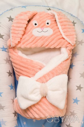 Конверт-одеяло (100х80см) для малышей с апликацией в виде мордочки зайки с
	ушка. . фото 1