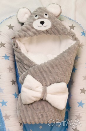 Конверт-одеяло (100х80см) для малышей с апликацией в виде мордочки зайки с
	ушка. . фото 1