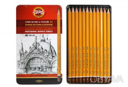 Набір олівців чорнографітних KOH-I-NOOR 1500 Art 8B-2H 12 шт, у мет. пеналі 1502. . фото 1