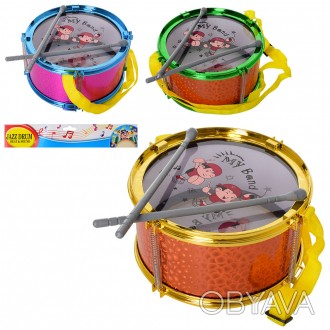 Детский барабан 3513 - 3 цвета, диаметр 21 см, 2 палочки в наборе.. . фото 1