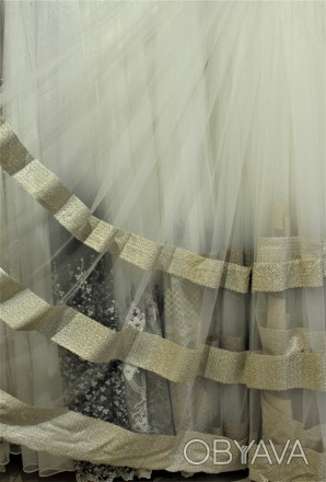 Тюль с современной вышивкой в 3 ряда - плетенная полоска, цвет античное золото. . . фото 1