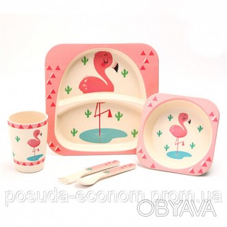 Набор детской бамбуковой посуды из 5-ти предметов "Фламинго".. . фото 1