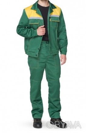 Костюм состоит из куртки и брюк. Основной цвет зеленый, кокетка, канты и обработ. . фото 1