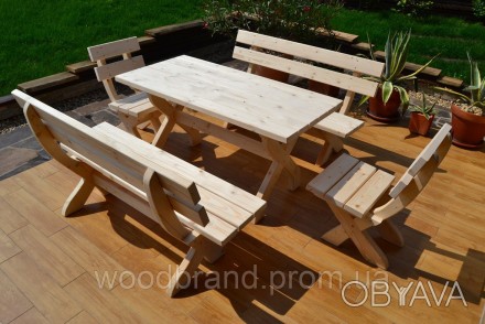 Садовая мебель из дерева. В комплект входят один стол 2м*0,8м, две скамьи и два . . фото 1