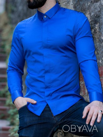 Синяя молодежная рубашка slim fit с планкой на потайных пуговицах S, L, XL, XXL