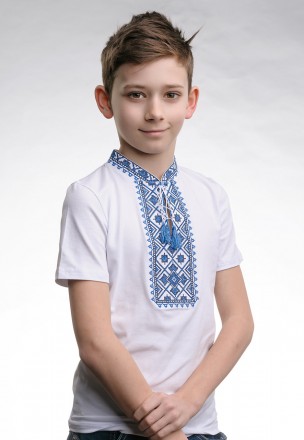 Белая футболка для мальчика с вышивкой на груди «Звездное сияние (синяя вышивка). . фото 2