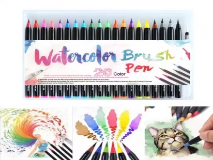 Акварельні маркери-набір олівців з м‘яким пензликом, 20 кольорів + 1 ручка. . фото 2