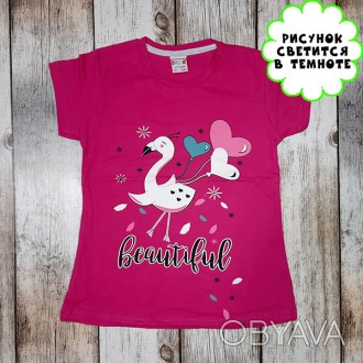 
Детская футболка с принтом "Птица с шариками" для девочки от 5 до 8 лет. Рисуно. . фото 1