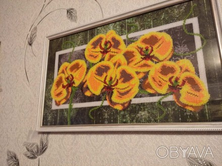 Картина "Орхидеи". Чешский бисер. Стекло. Размер внутри рамы 47х27.. . фото 1