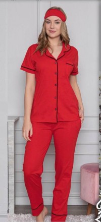Красная женская пижама рубашка и штаны + повязка на глаза р 46-52 100 % хлопок,Т. . фото 3