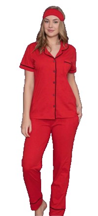 Красная женская пижама рубашка и штаны + повязка на глаза р 46-52 100 % хлопок,Т. . фото 2