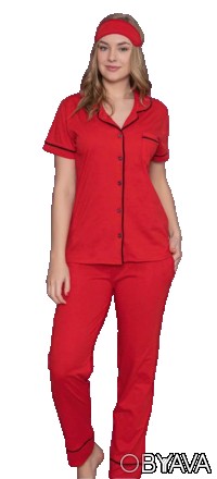 Красная женская пижама рубашка и штаны + повязка на глаза р 46-52 100 % хлопок,Т. . фото 1