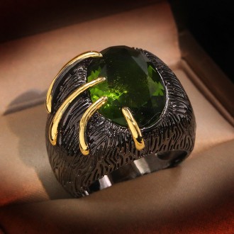 Женское винтажное кольцо в стиле ретро,с крупным камнем перидот и золотыми нитям. . фото 2