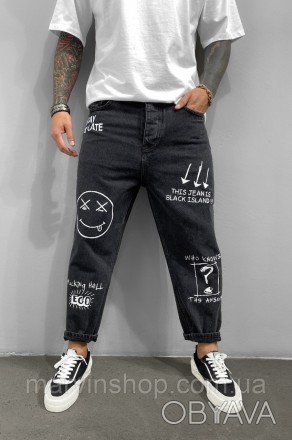 
Джинсы мужские Мом Jeans чёрные деми молодёжные укороченные с принтом Smile Bla. . фото 1