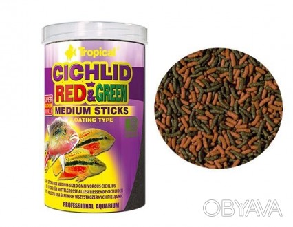 Cichlid Red & Green Medium Sticks - это многокомпонентный основной корм в виде п. . фото 1