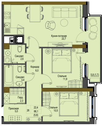 2-кімнатна квартира 62,4 м2 в ЖК Перший Французький знаходиться на 7 поверсі, 1 . Приморский. фото 4