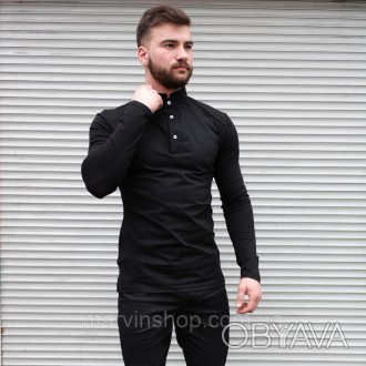 
Рубашка мужская чёрная с длинным рукавом повседневная однотонная воротник стойк. . фото 1