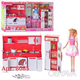 Кукла DEFA 8085 29см, кухня, мебель, холодильник, посуда, свет, 2цвета, бат (таб. . фото 1