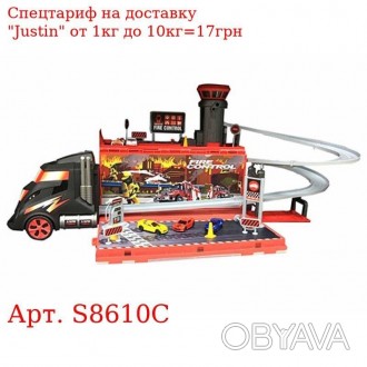 Гараж S8610C пожарн, складывается в трейлер, н, св, машинки (металл), бат, в кор. . фото 1