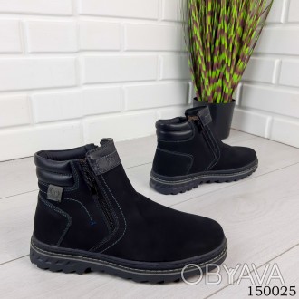 
Детские, подростковые ботинки зимние на молнии, черного цвета из эко нубука, вн. . фото 1