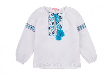 Вышиванка детская для девочки. Белая рубашка-вышиванка с длинным рукавом, белая . . фото 2