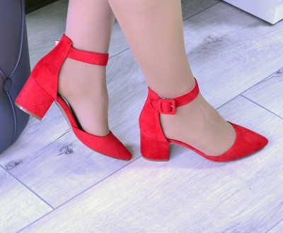 Туфли босоножки красные лодочки с ремешком и застежкой на широком каблуке эко за. . фото 7