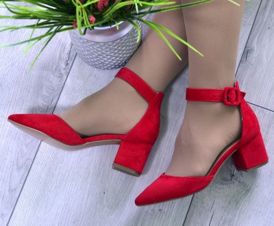 Туфли босоножки красные лодочки с ремешком и застежкой на широком каблуке эко за. . фото 2