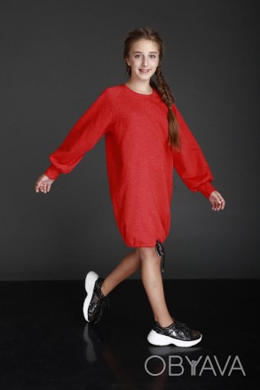 Трикотажное платье-свитшот для девочки яркого кораллового цвета.
Объемный и комф. . фото 1