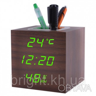 Часы сетевые VST-878S-4, зеленые, (корпус коричневый) температура, влажность, US. . фото 1