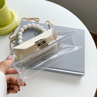 Эксклюзивная прозрачная сумка с цепочкой и бусинками в виде крупного жемчуга. Ид. . фото 9