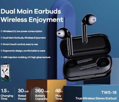 Описание Наушников Bluetooth REMAX True Wireless Stereo Earbuds TWS-18 в кейсе, . . фото 5