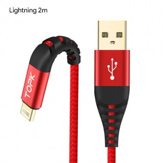 Кабель синхронизации Topk Llightning Red USB 2m 3A нейлоновый для смартфона. Киев. фото 1 Кабель синхронизации Topk Llightning Red USB 2m 3A нейлоновый для смартфона. Киев. фото 1