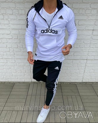
Спортивный костюм мужской весенний белый чёрный с капюшоном брендовый Adidas (А. . фото 1