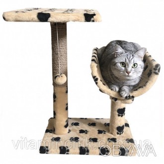 Когтеточка Пушистик для кошек, с полкой и полутуннелем, бежевые лапки, 30×38×50 . . фото 1