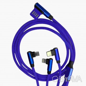 Усовершенствованный кабель 3 в 1 с боковым штекером, представленный в ярко-синем. . фото 1