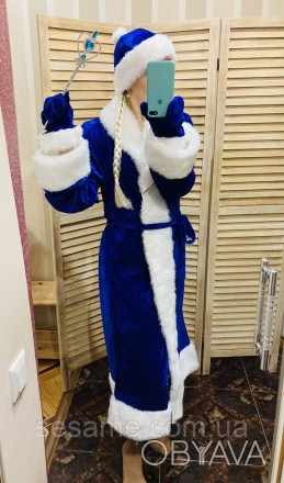 Новогодний костюм Снегурочка стрейч-велюр синий с меховой опушкой.
Размеры 46-56. . фото 1