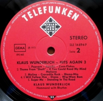 Klaus Wunderlich – Hits Again 3.
Лейбл: Telefunken – SLE 14 694-P, . . фото 4
