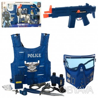 Набор полицейского P013 автомат-трещотка,маска,жилет,наручн,бинокль,нож,кор,66,5. . фото 1