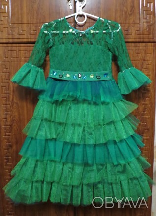 Зеленое детское пышное платье "Ёлочка"  - детское нарядное платье на у. . фото 1