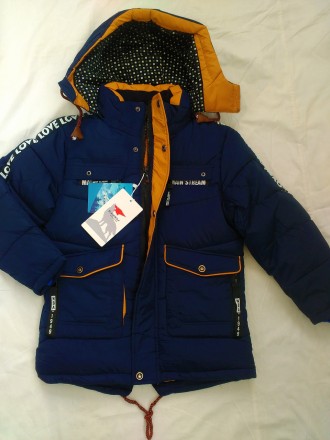 Зимняя теплая куртка-пальто на мальчика удлиненного типа - цвет синий с желтыми . . фото 11