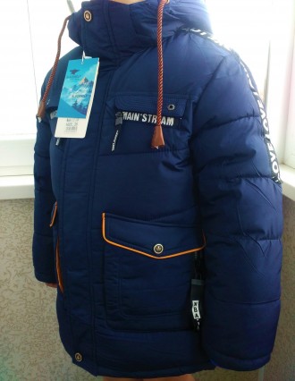 Зимняя теплая куртка-пальто на мальчика удлиненного типа - цвет синий с желтыми . . фото 9