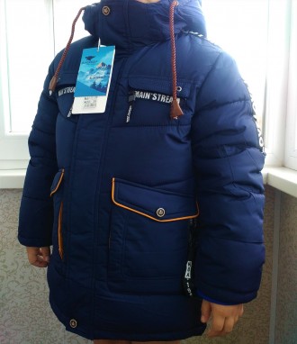 Зимняя теплая куртка-пальто на мальчика удлиненного типа - цвет синий с желтыми . . фото 8