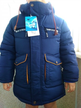 Зимняя теплая куртка-пальто на мальчика удлиненного типа - цвет синий с желтыми . . фото 6