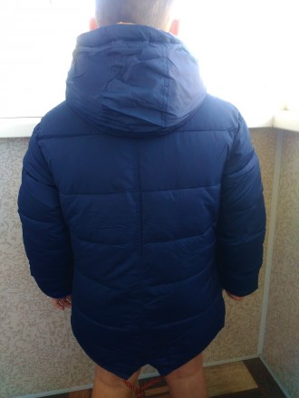 Зимняя теплая куртка-пальто на мальчика удлиненного типа - цвет синий с желтыми . . фото 5