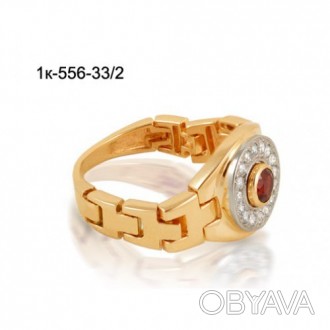 Дизайнерское кольцо из красного золота 585 пробы с натуральным гранатом и фианит. . фото 1