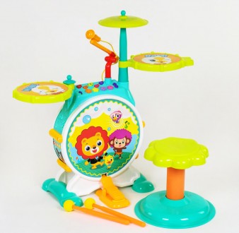 Детская барабанная установка "Hola" мелодии, микрофон, подсветка, стульчик 
Детс. . фото 2